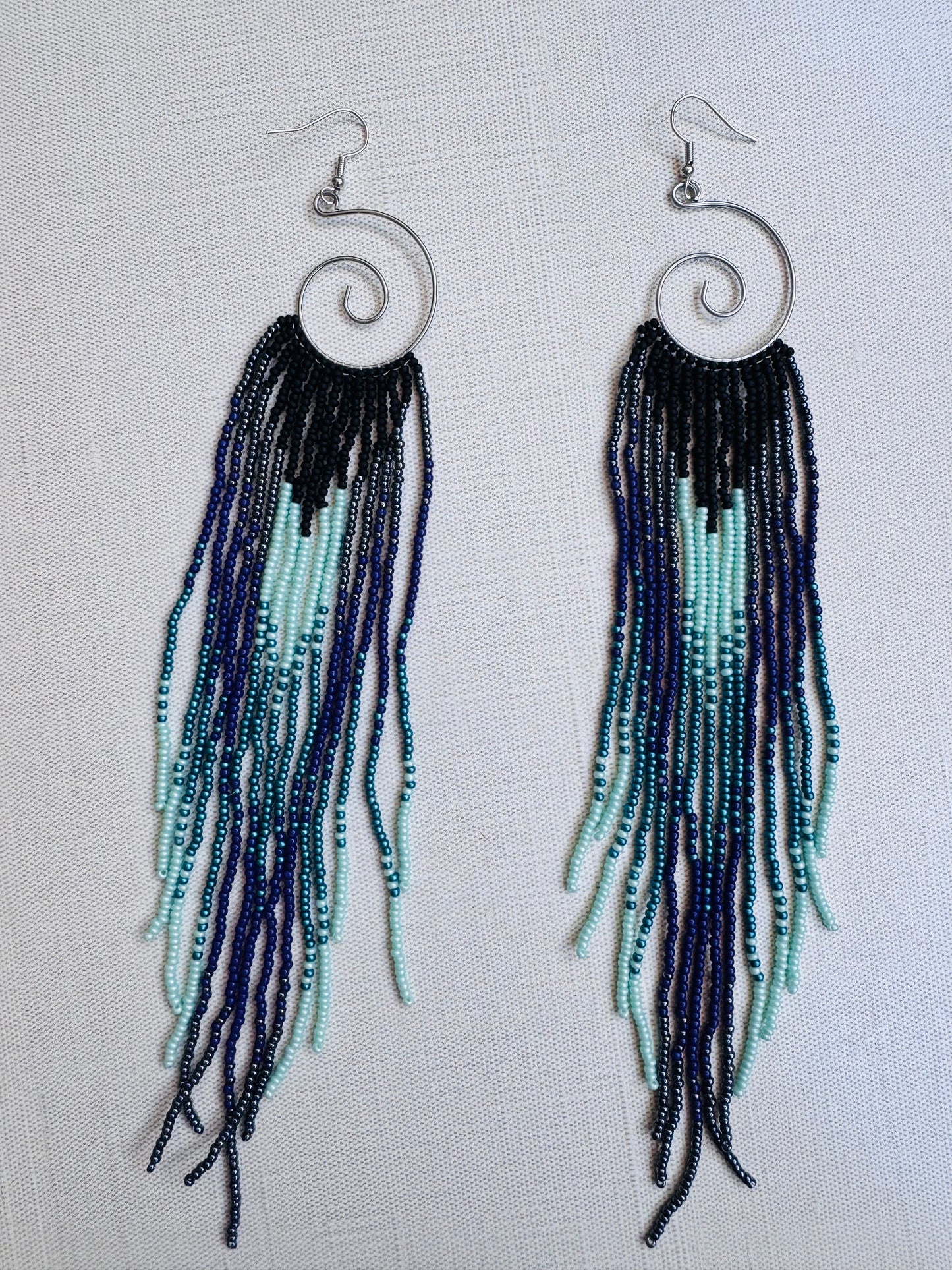 “Ocean Eclipse” Beaded Spiral Fringe Earrings
