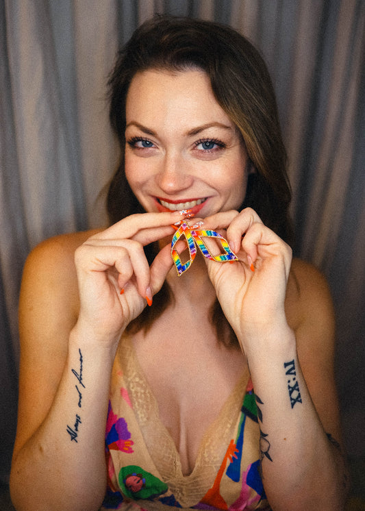 Hand Beaded Rainbow Leaf Earrings | Pride Inspired Lightweight Statement Jewelry