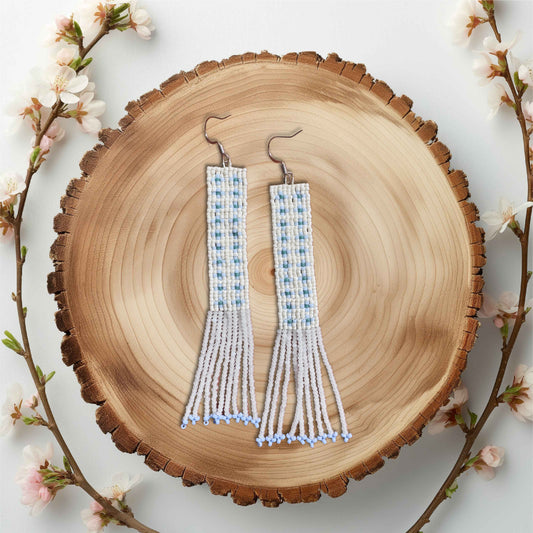 “Bluebell Check” Beaded Fringe Earrings