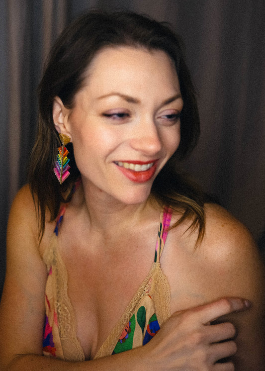 Pride Collection - Rainbow Feather Fan Beaded Earrings - One of a Kind Statement Piece